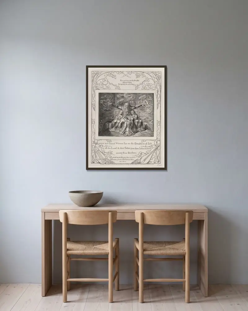 Illustrationer till Jobs bok, plansch 21 av William Blake inramad på en vägg