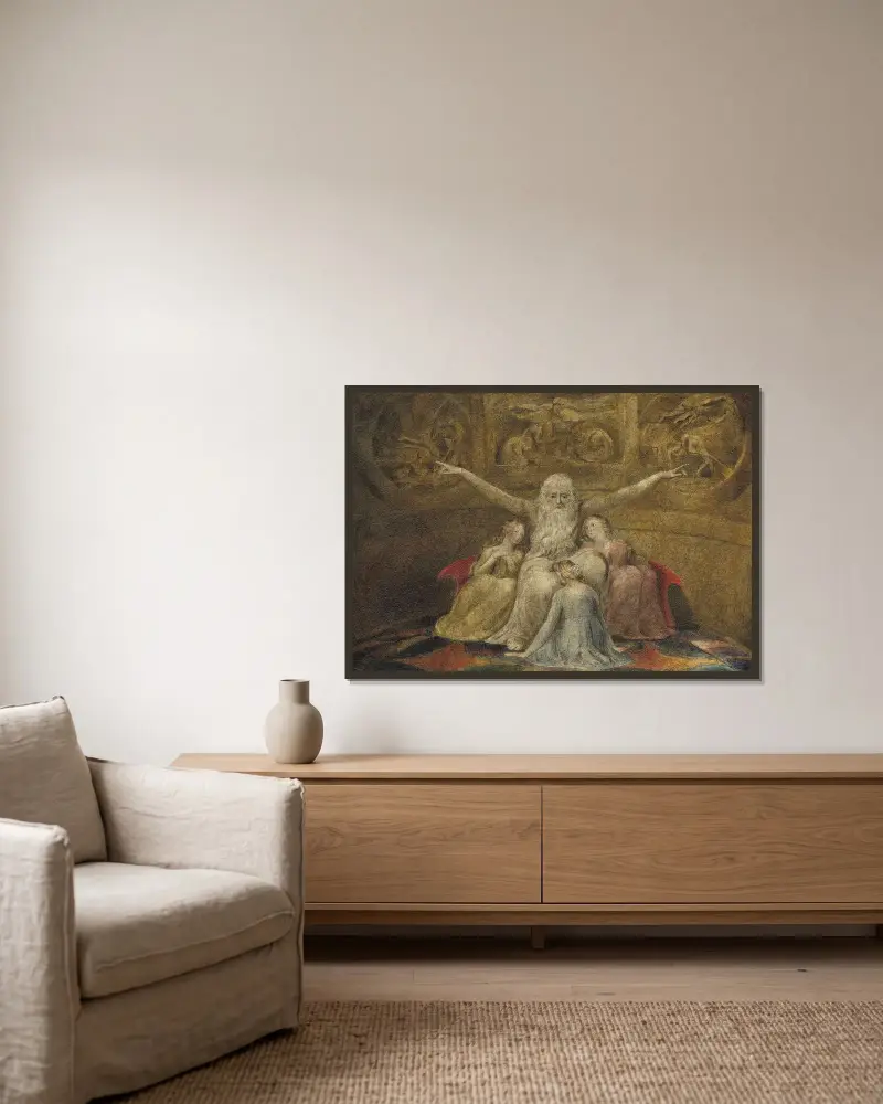 Hiob und seine Töchter von William Blake gerahmt an einer Wand