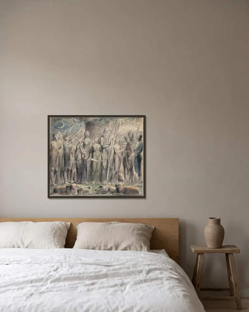 Job and His Family Restored to Prosperity av William Blake inramad på en vägg