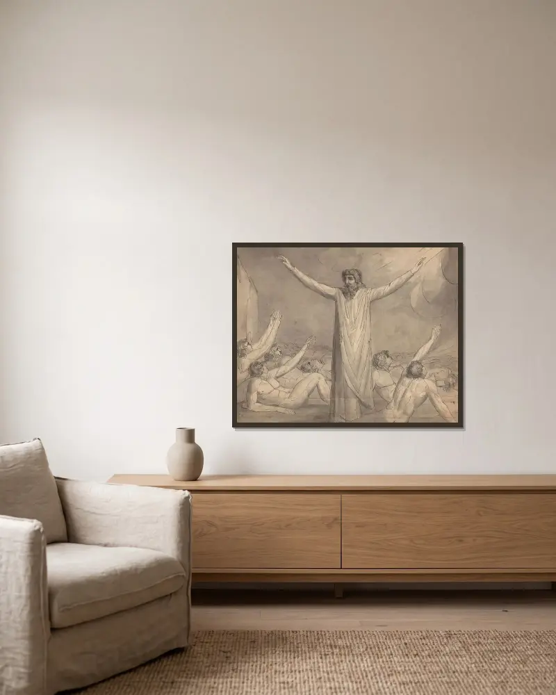 Mojžíš zadržuje mor, William Blake v rámu na stěně