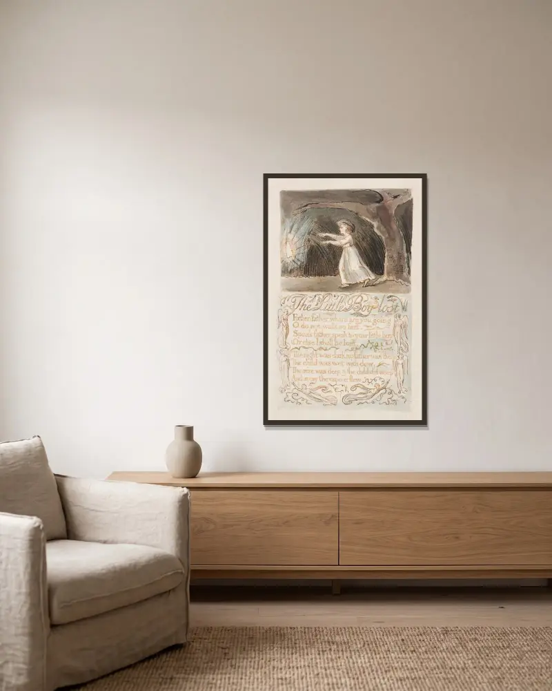 Taf. 12 – Der kleine verlorene Junge, 1789 von William Blake gerahmt an einer Wand