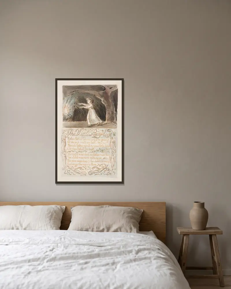 Taf. 12 – Der kleine verlorene Junge, 1789 von William Blake gerahmt an einer Wand
