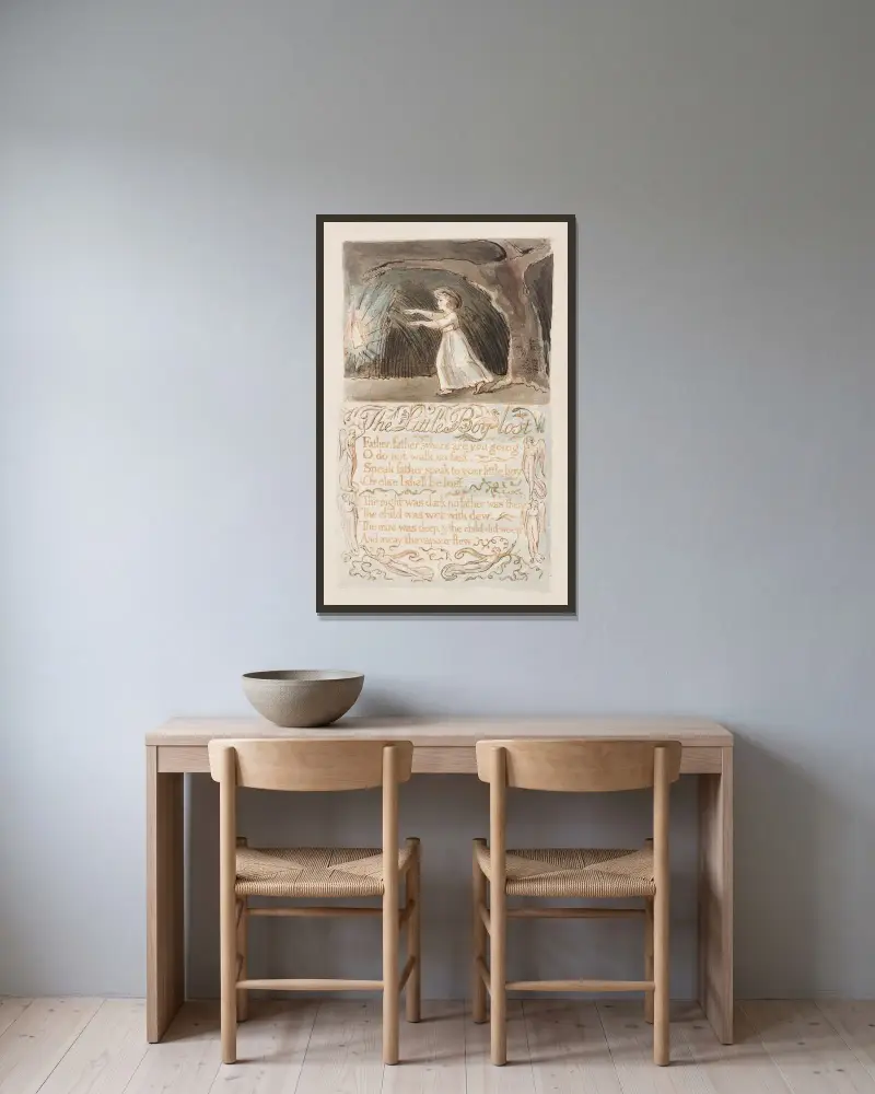 Taf. 12 – Der kleine verlorene Junge, 1789 von William Blake gerahmt an einer Wand