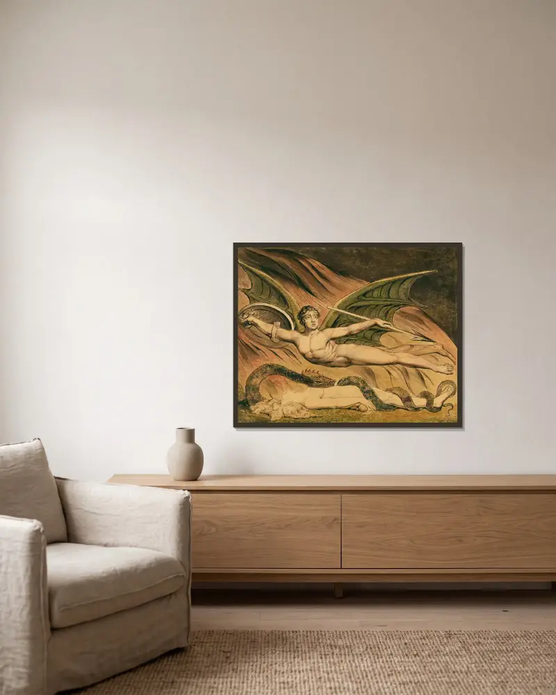 Satan, der über Eva triumphiert von William Blake gerahmt an einer Wand