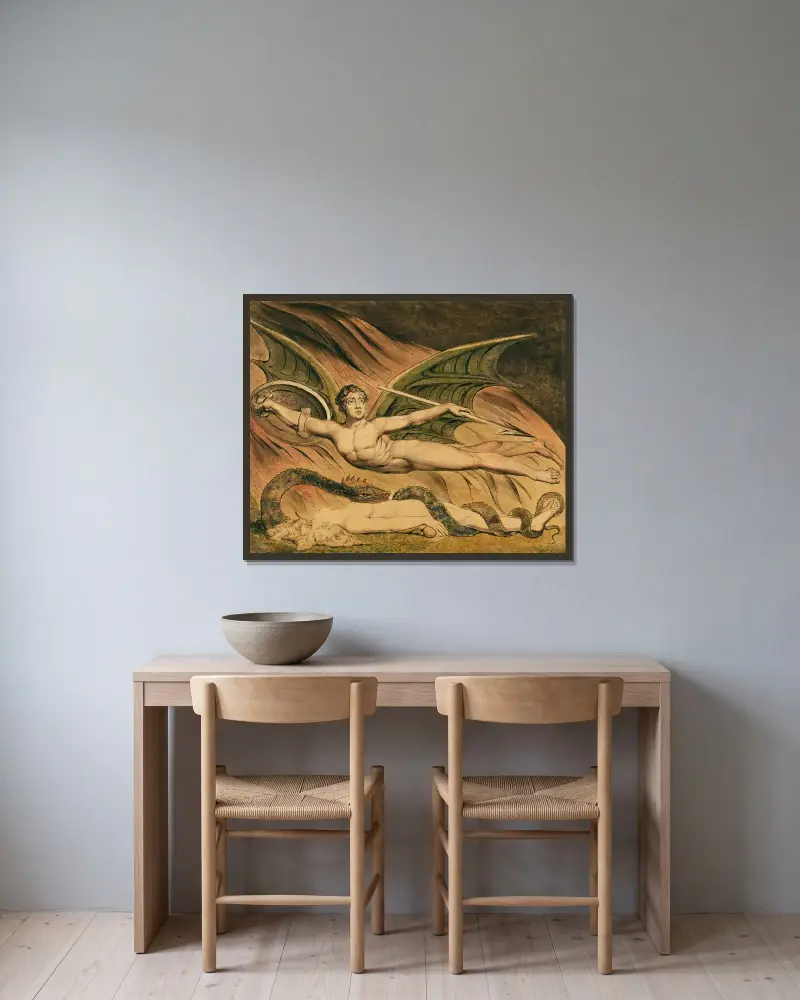 Satan, der über Eva triumphiert von William Blake gerahmt an einer Wand