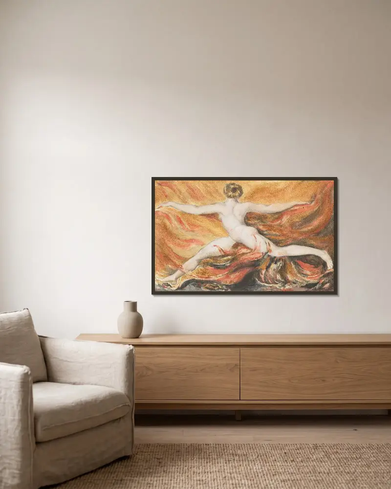 Das erste Buch des Urizen; ‚O Flammen wilden Verlangens von William Blake gerahmt an einer Wand