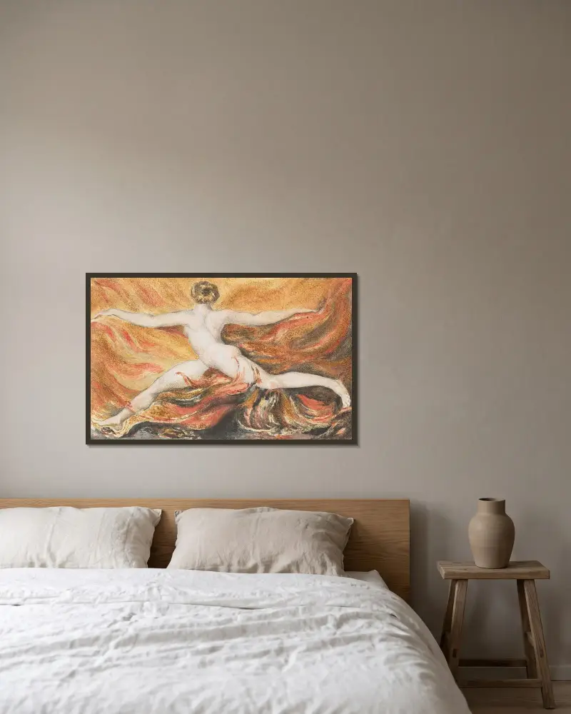 Das erste Buch des Urizen; ‚O Flammen wilden Verlangens von William Blake gerahmt an einer Wand