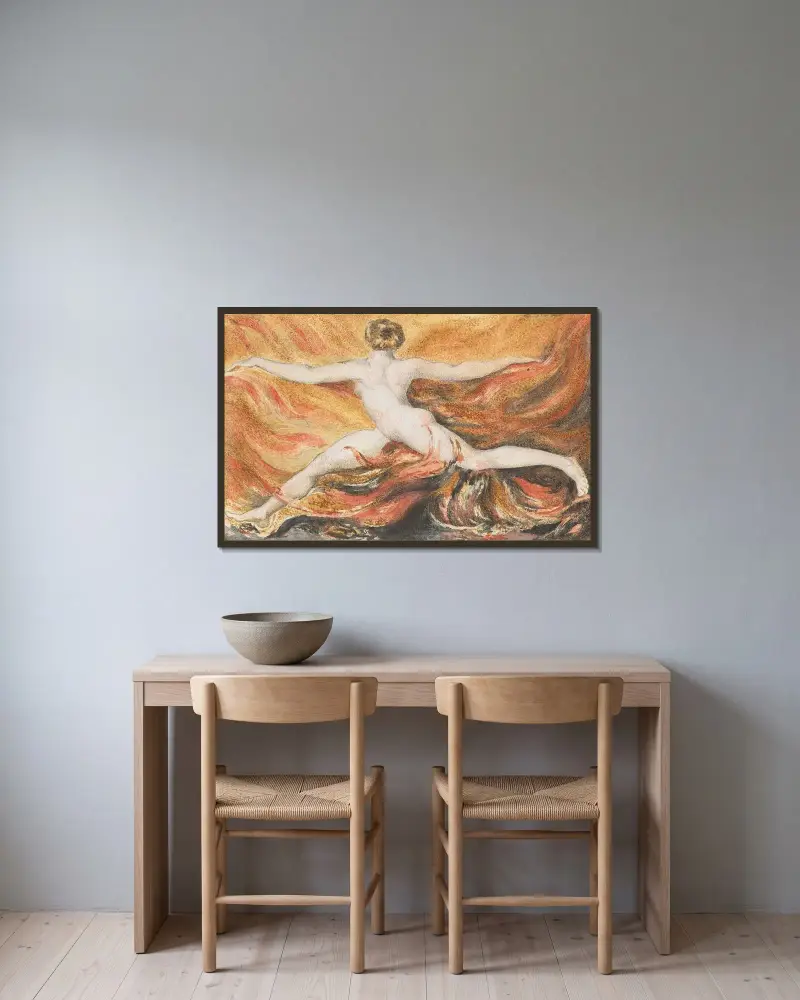 Das erste Buch des Urizen; ‚O Flammen wilden Verlangens von William Blake gerahmt an einer Wand