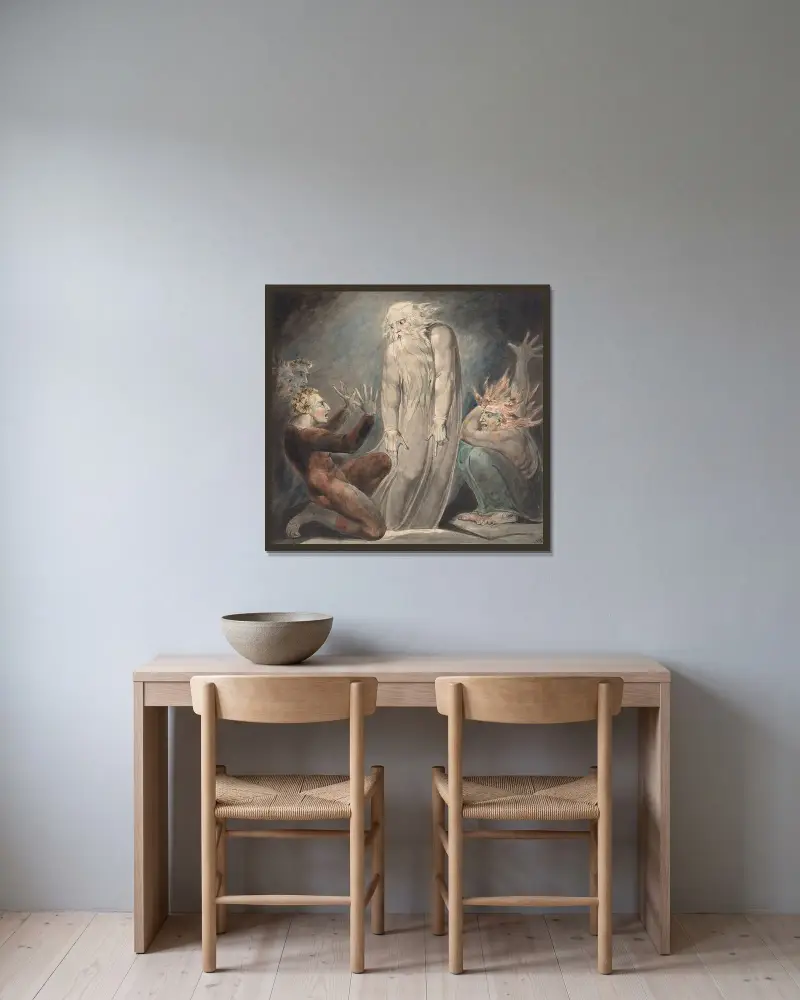 The Ghost of Samuel Appearing to Saul av William Blake inramad på en vägg