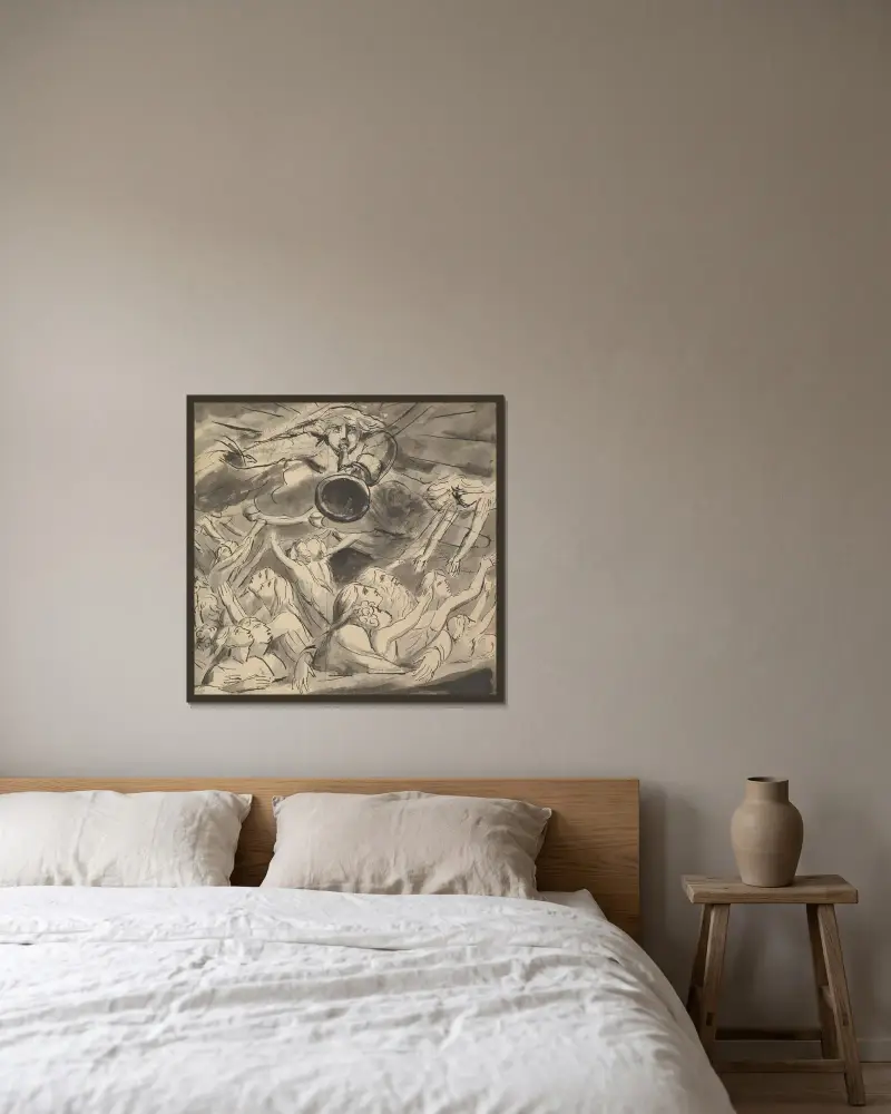 Die letzte Posaune von William Blake gerahmt an einer Wand