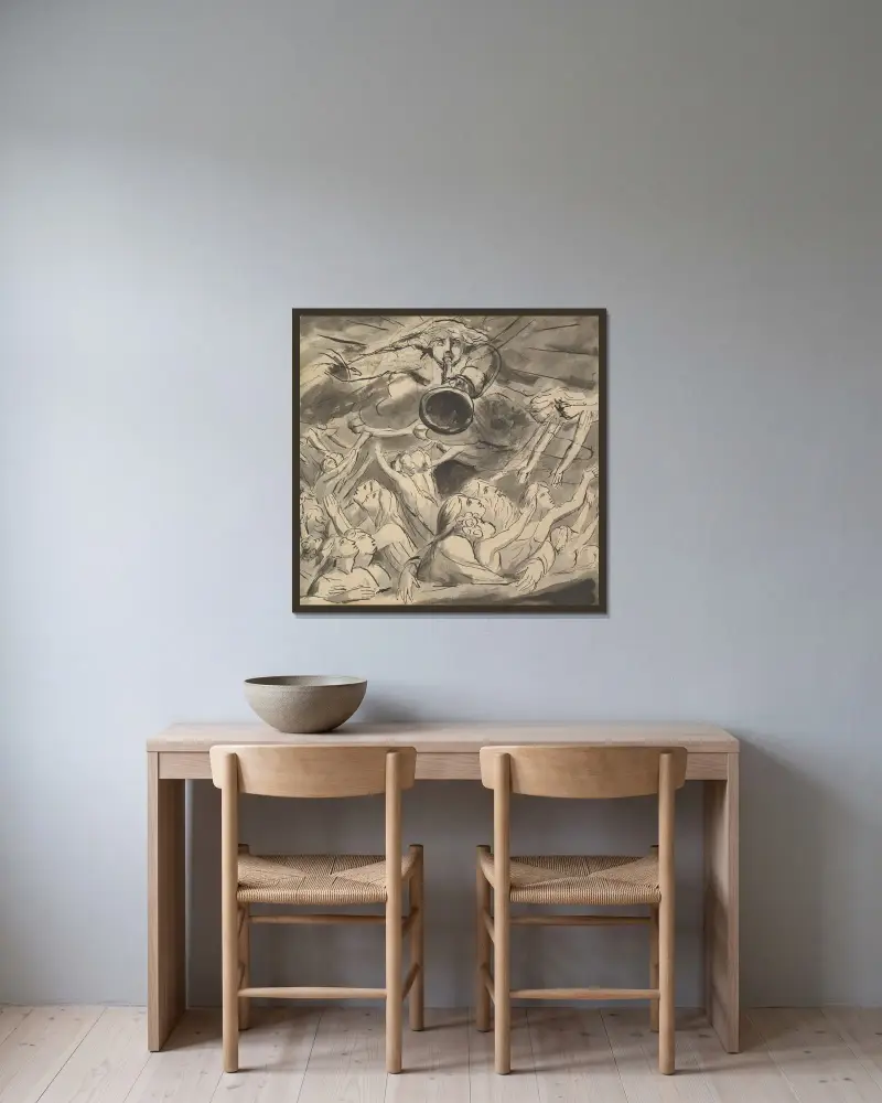 Die letzte Posaune von William Blake gerahmt an einer Wand