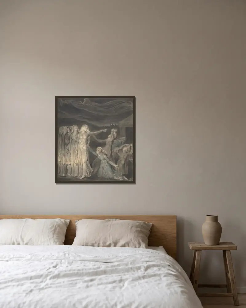 Liknelsen om de visa och de fåraktiga jungfrurna av William Blake inramad på en vägg
