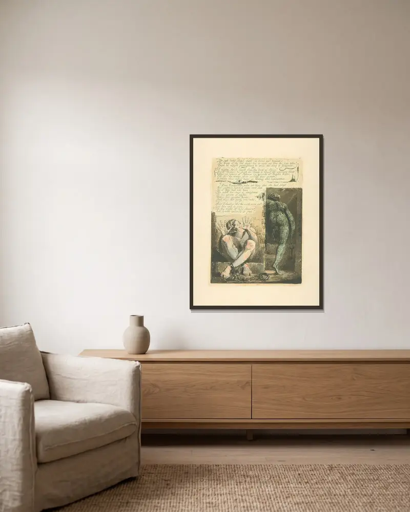 Der Engel mit roten Gliedern…, 1794 – Nr. 1 von William Blake gerahmt an einer Wand