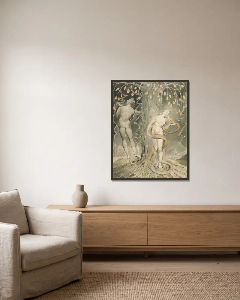 The Temptation and Fall of Eve av William Blake inramad på en vägg