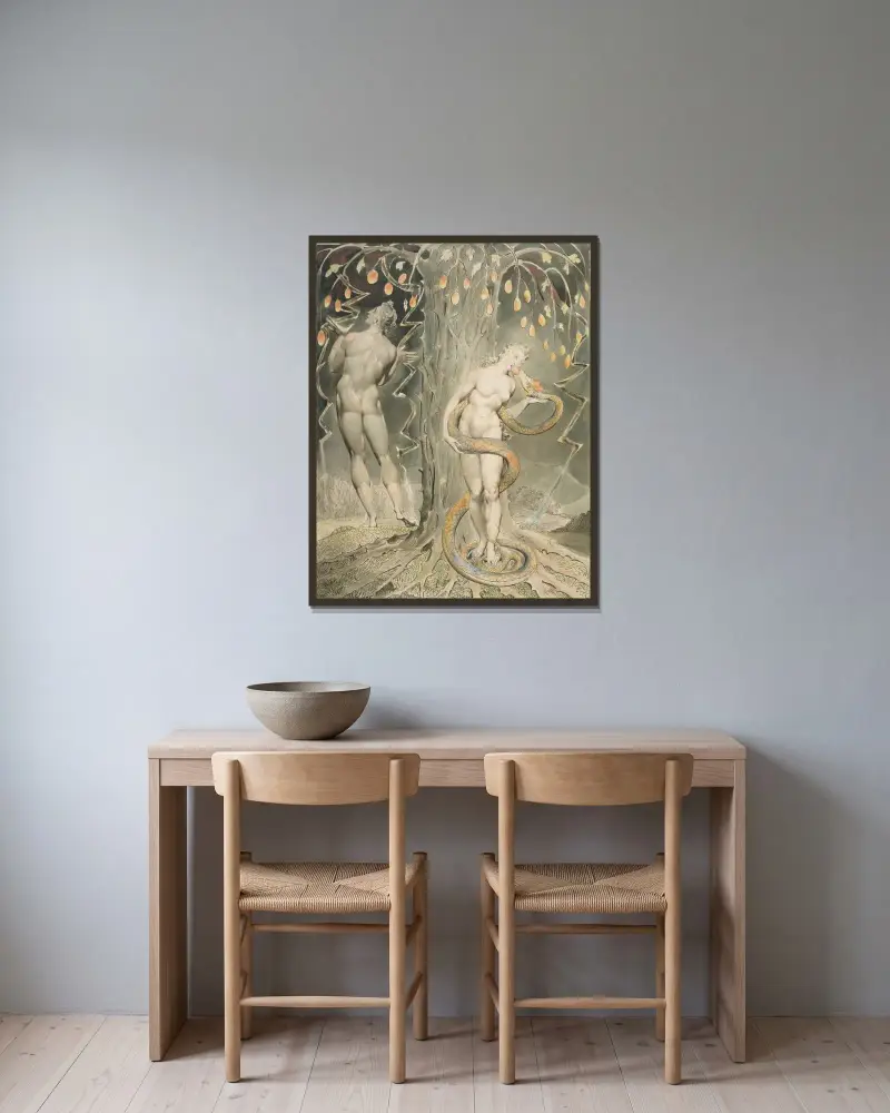 The Temptation and Fall of Eve av William Blake inramad på en vägg