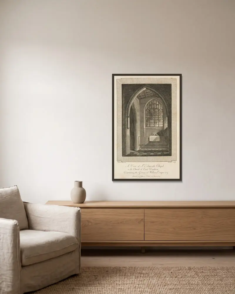 View of St. Edmund’s Chapel in the Church of East Dereham, containing the Grave of William Cowper Esquire av William Blake inramad på en vägg