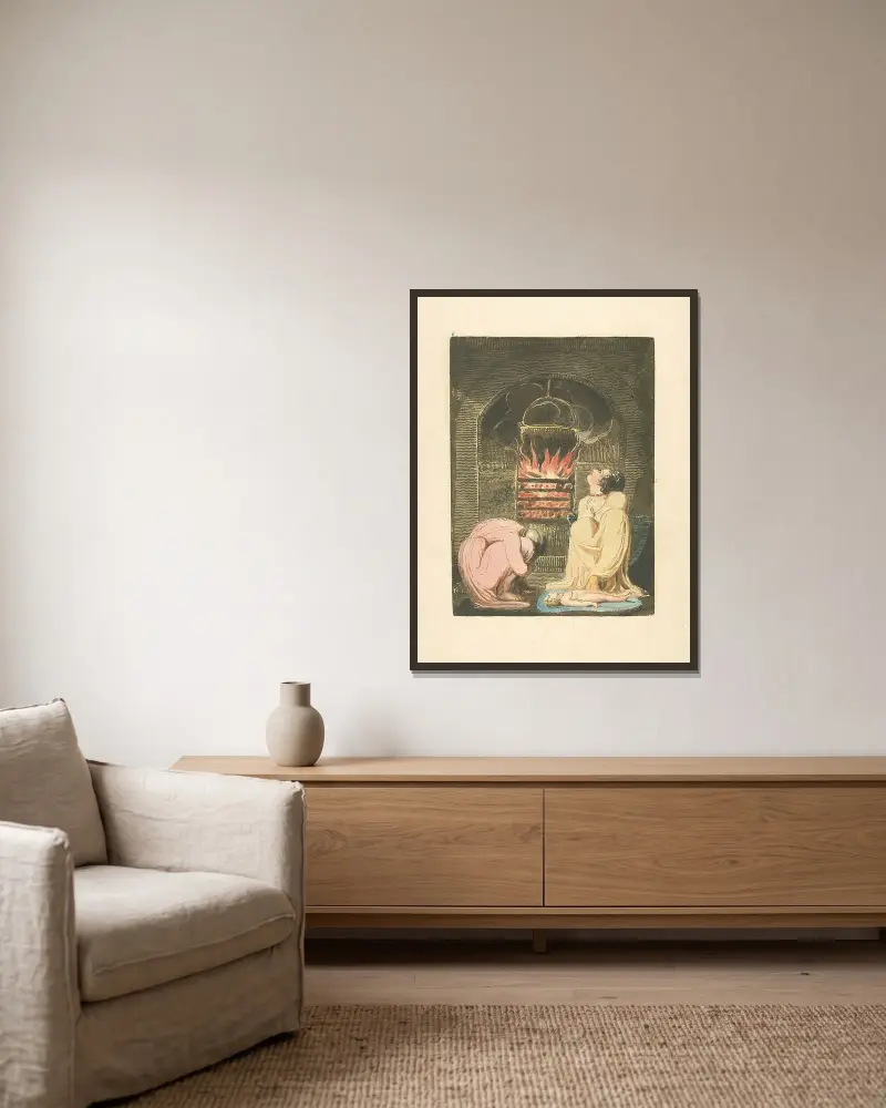 Woman and infant in front of fireplace av William Blake inramad på en vägg