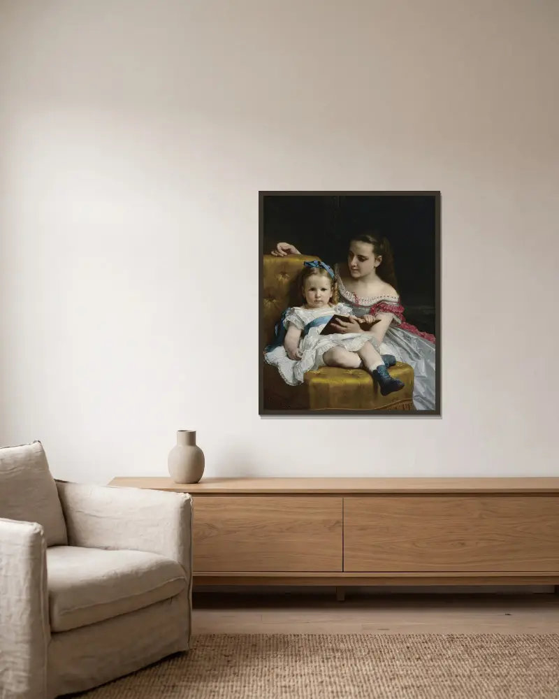 Ett porträtt av Eva och Frances Johnston av William Bouguereau inramad på en vägg