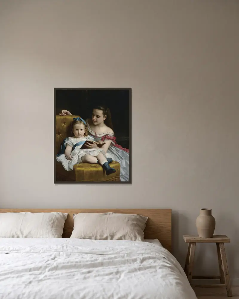 Ett porträtt av Eva och Frances Johnston av William Bouguereau inramad på en vägg