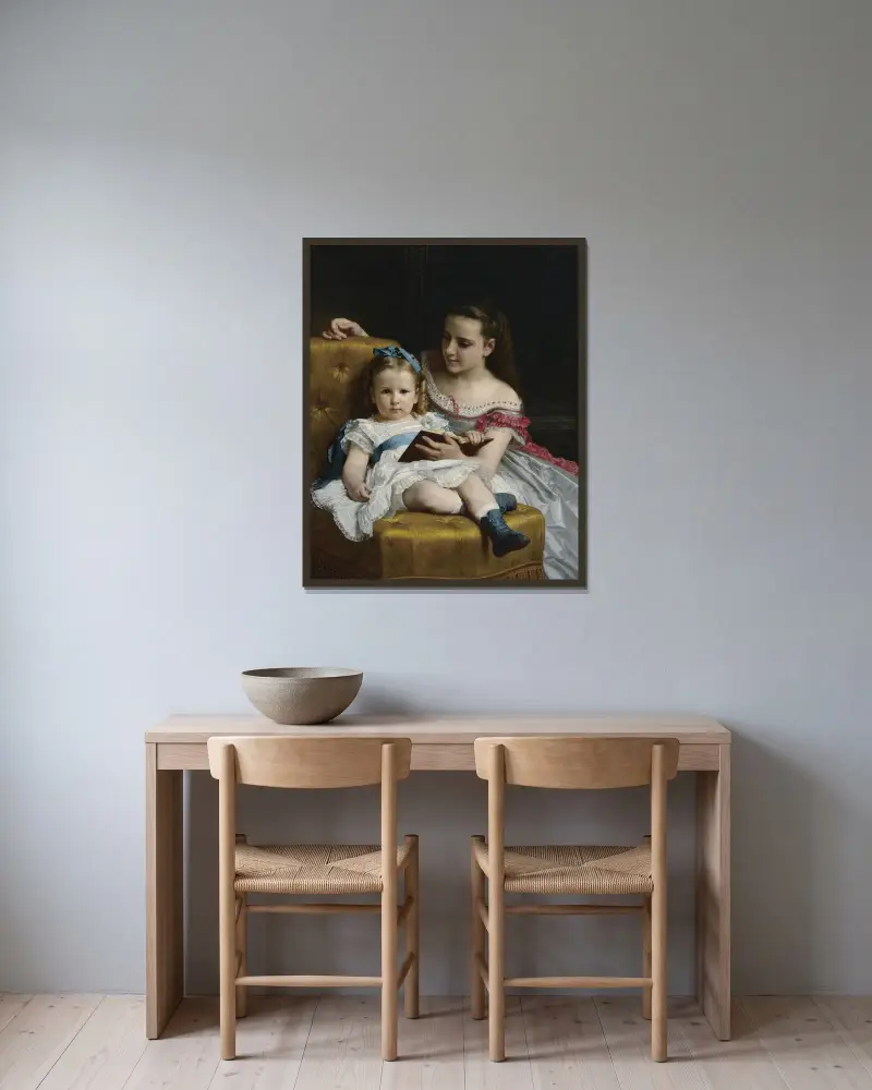 Ett porträtt av Eva och Frances Johnston av William Bouguereau inramad på en vägg