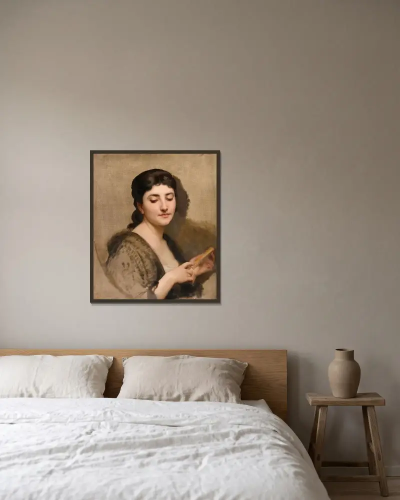 Ung kvinna med solfjäder av William Bouguereau inramad på en vägg