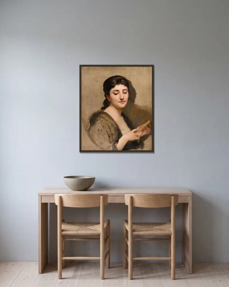 Ung kvinna med solfjäder av William Bouguereau inramad på en vägg