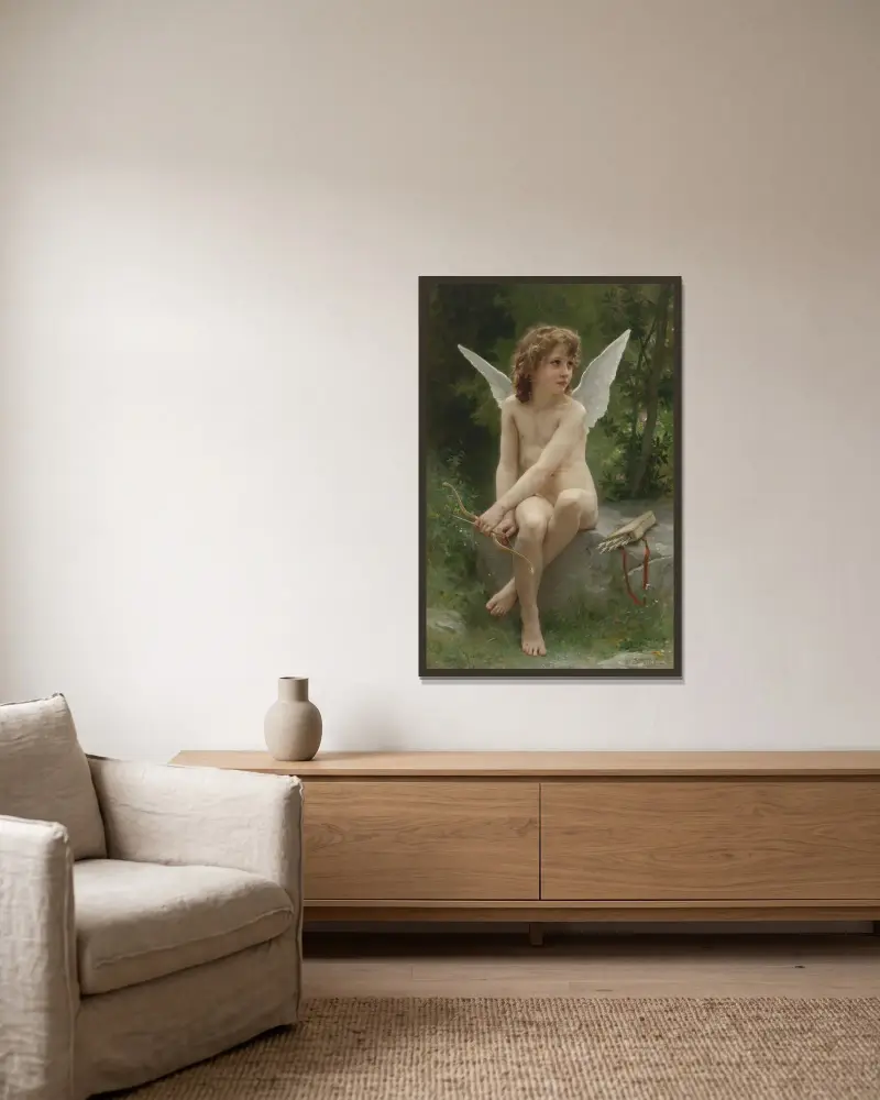 Kärleken på vakt av William Bouguereau inramad på en vägg