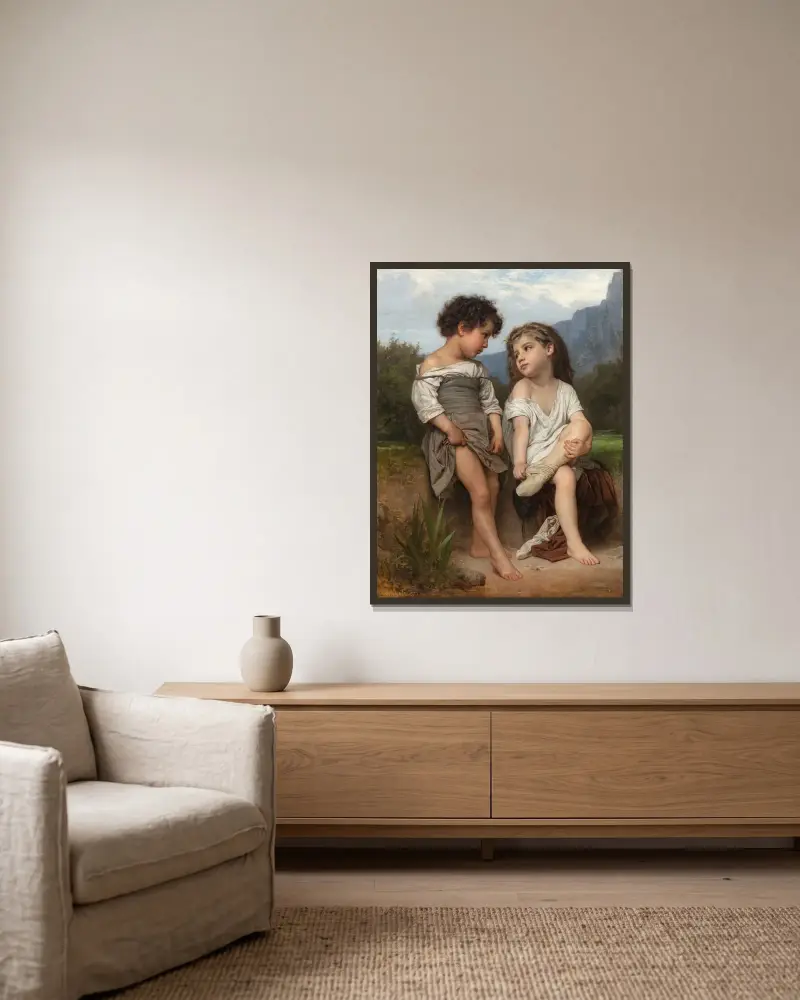 Vid bäcken av William Bouguereau inramad på en vägg