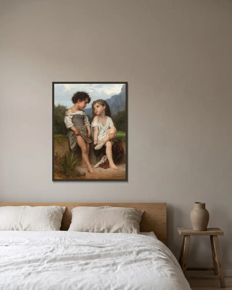 Vid bäcken av William Bouguereau inramad på en vägg