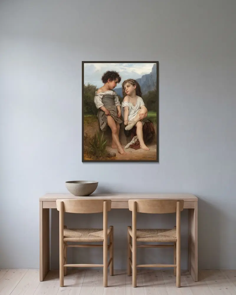 Vid bäcken av William Bouguereau inramad på en vägg