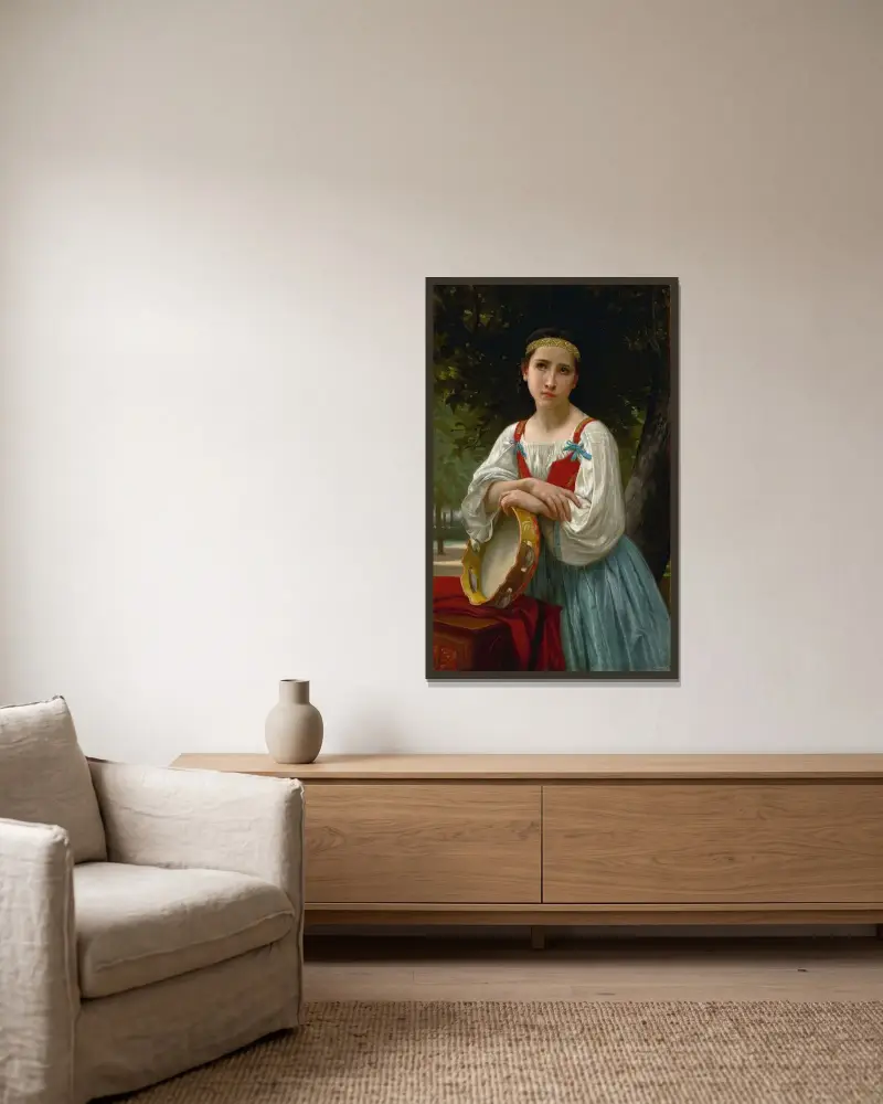 Bohemisk kvinna med tamburin av William Bouguereau inramad på en vägg