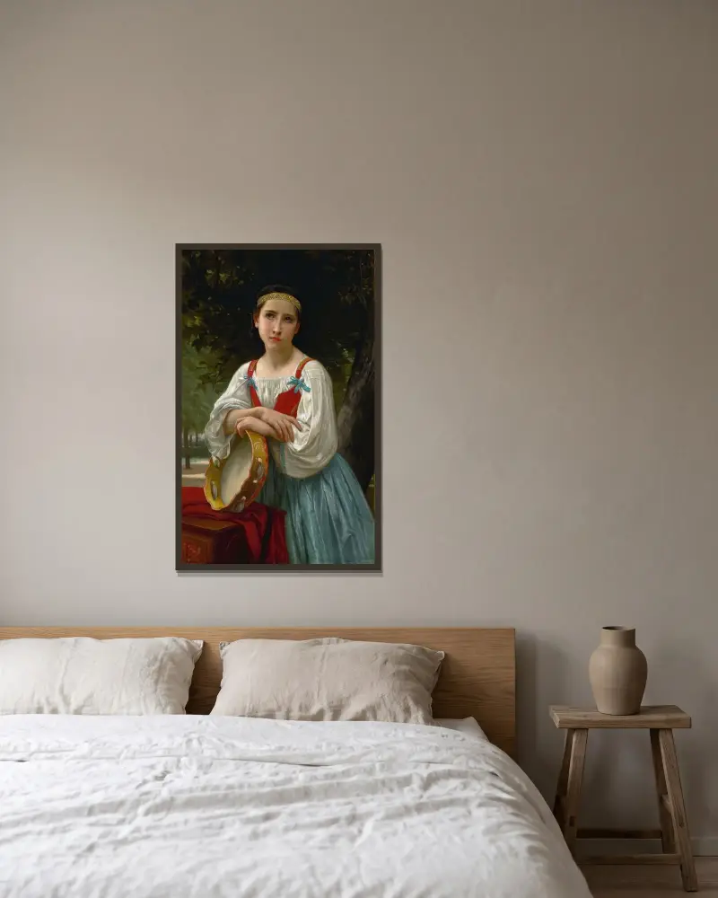 Bohemisk kvinna med tamburin av William Bouguereau inramad på en vägg