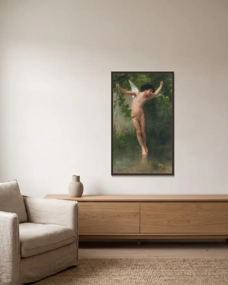 Amor flygande över vattnet av William Bouguereau inramad på en vägg