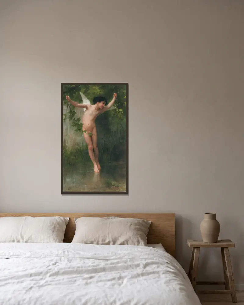 Amor flygande över vattnet av William Bouguereau inramad på en vägg