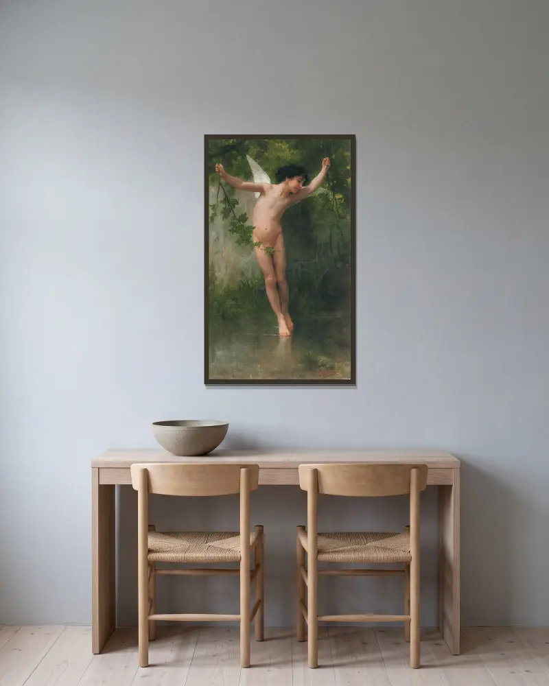 Amor flygande över vattnet av William Bouguereau inramad på en vägg