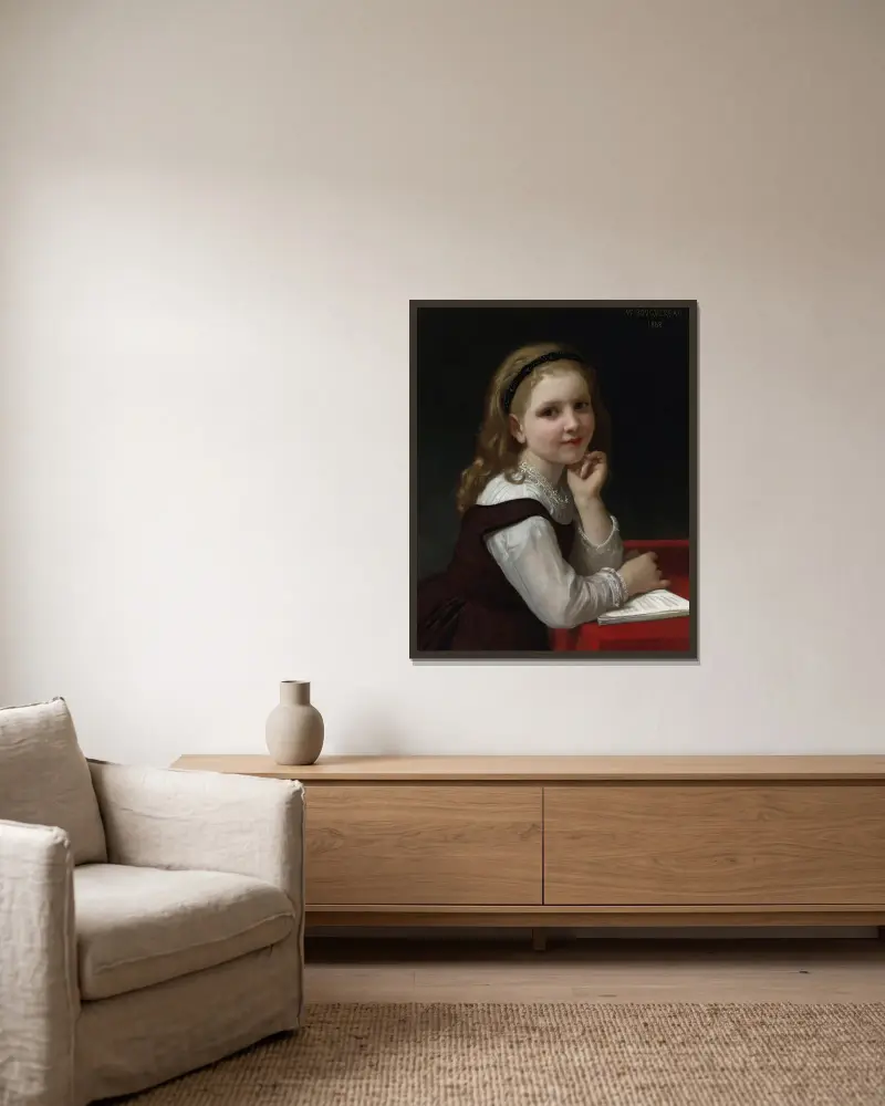 Distraction av William Bouguereau inramad på en vägg