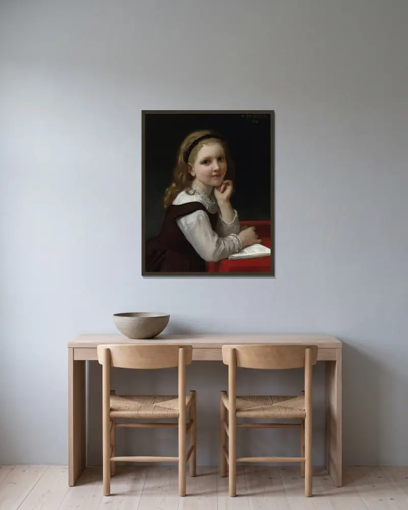 Distraction av William Bouguereau inramad på en vägg