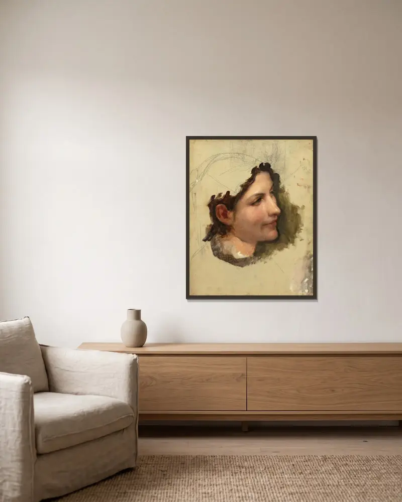 Studie av kvinnohuvud av William Bouguereau inramad på en vägg