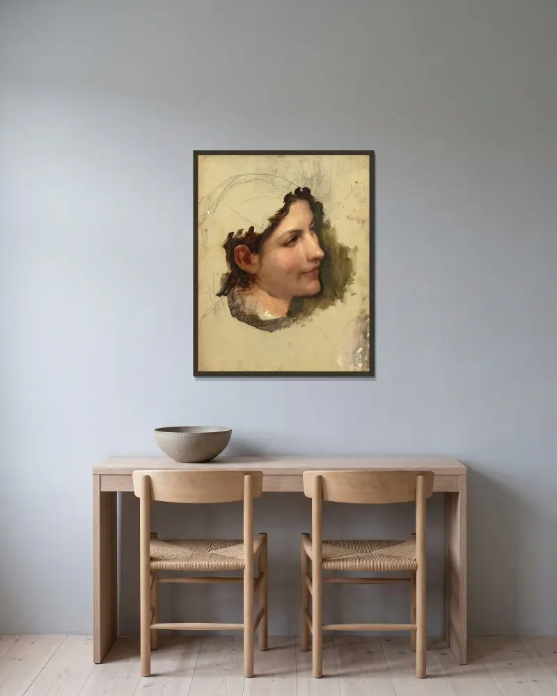 Studie av kvinnohuvud av William Bouguereau inramad på en vägg