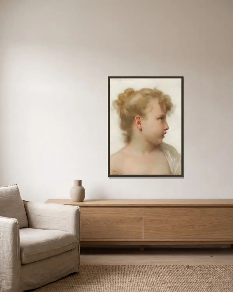 Studie; litet flickhuvud (profil) av William Bouguereau inramad på en vägg