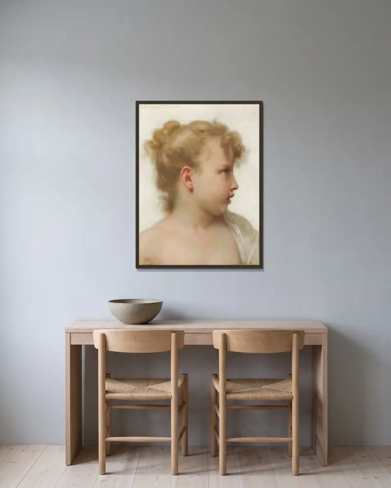 Studie; litet flickhuvud (profil) av William Bouguereau inramad på en vägg