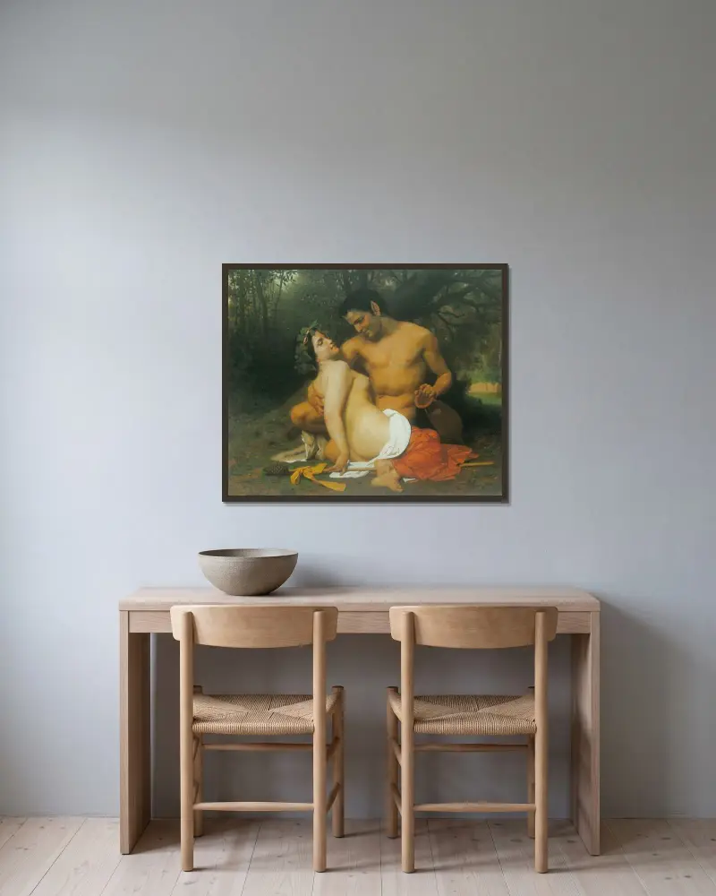 Faun and Bacchante av William Bouguereau inramad på en vägg