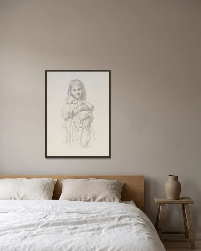 Flicka och barn av William Bouguereau inramad på en vägg