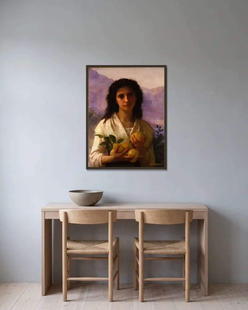 Flicka med citroner av William Bouguereau inramad på en vägg