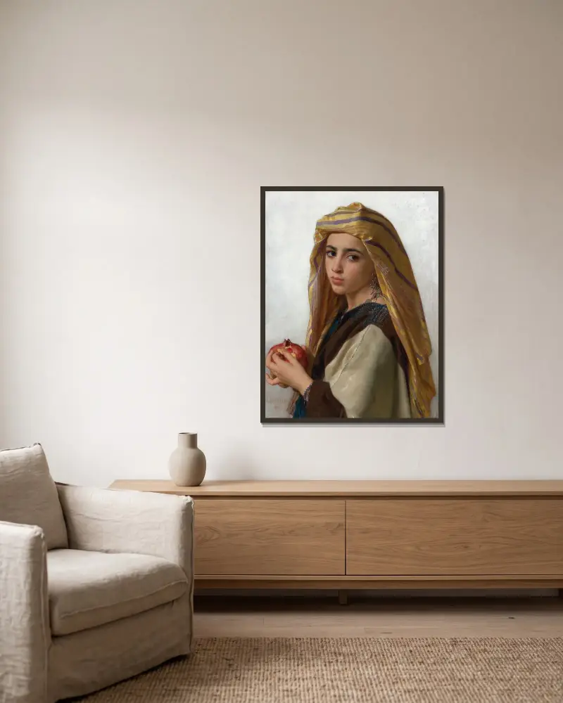 Flicka med granatäpple av William Bouguereau inramad på en vägg