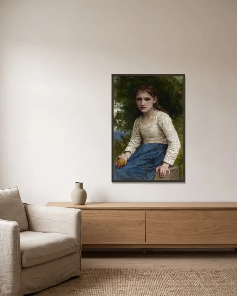 Girl with an Apple av William Bouguereau inramad på en vägg
