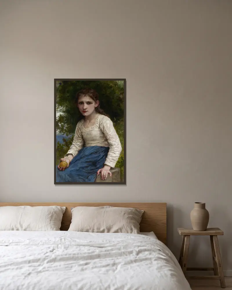 Girl with an Apple av William Bouguereau inramad på en vägg