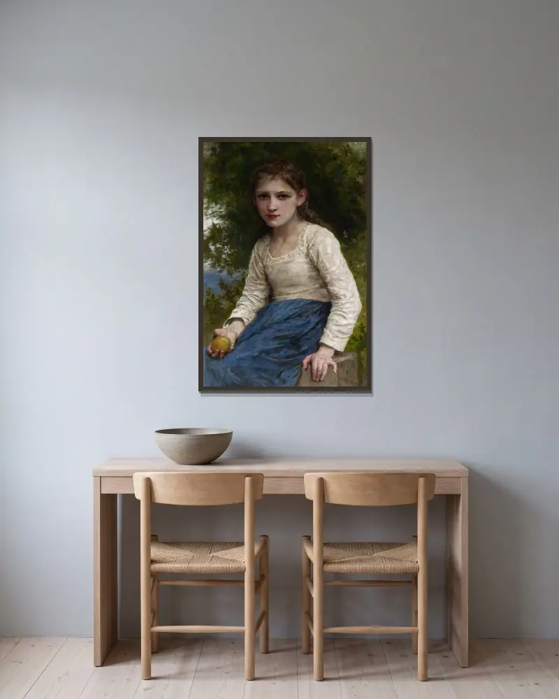 Girl with an Apple av William Bouguereau inramad på en vägg