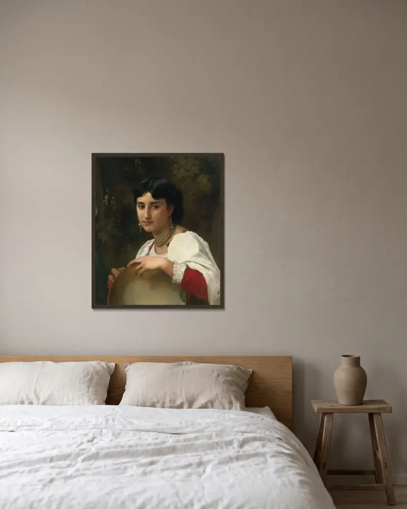 Italienska med tamburin av William Bouguereau inramad på en vägg