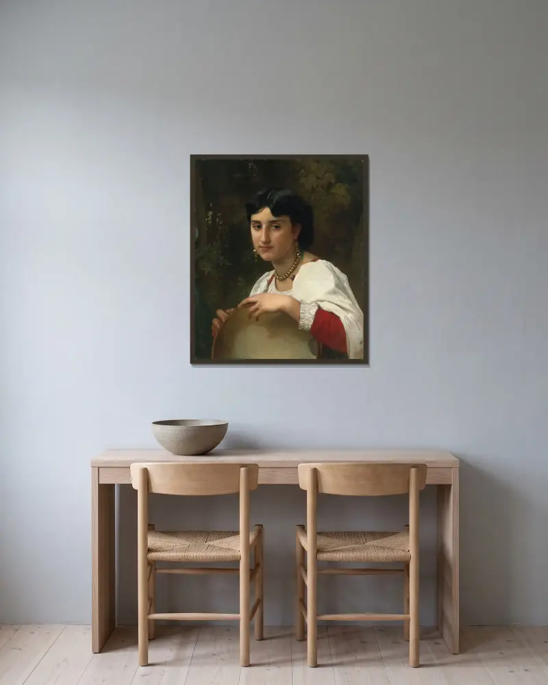 Italienska med tamburin av William Bouguereau inramad på en vägg